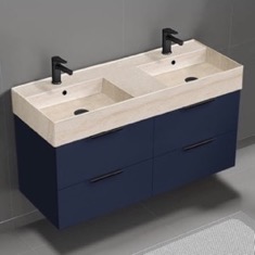 Double Floating Bathroom Vanity, Modern, Blue, 48 inch, Travertine Style Sink